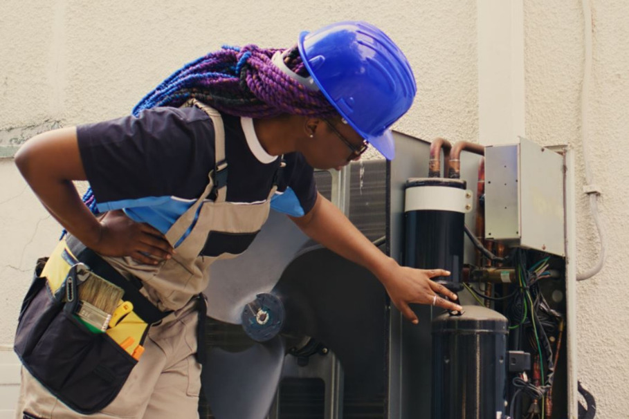 Photo of a woman HVAC worker inspecting equipment.