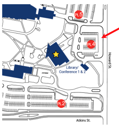 Map of campus parking lots with arrow pointing to parking lot 4