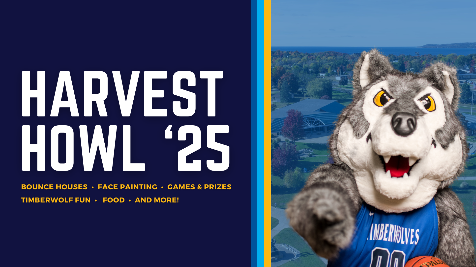 North Central Michigan College Timberwolf mascot pointing toward the camera with bold text reading “Harvest Howl ’25” and event highlights such as bounce houses, face painting, games, food, and Timberwolf fun.