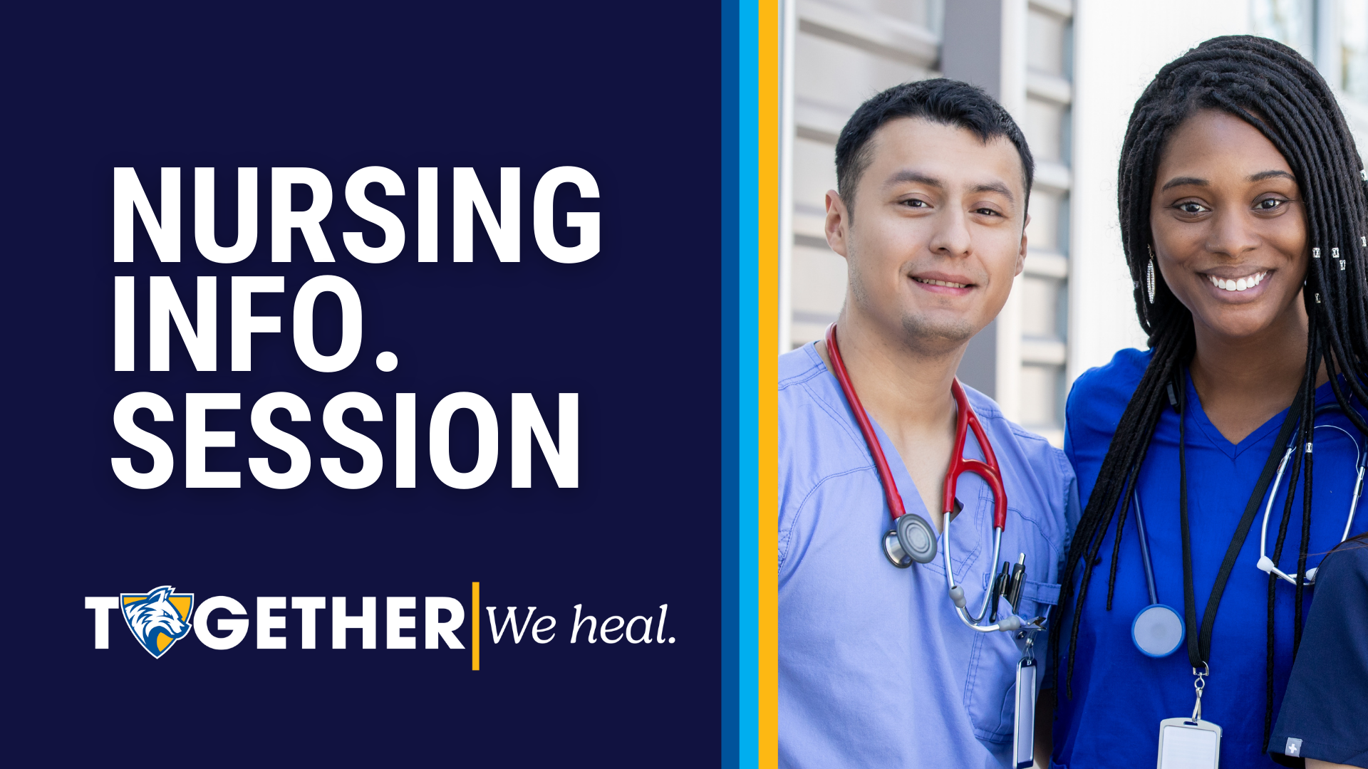 North Central Michigan College Nursing Info Session graphic with a smiling man and woman in nursing scrubs, stethoscopes, and the message “Together we heal.”