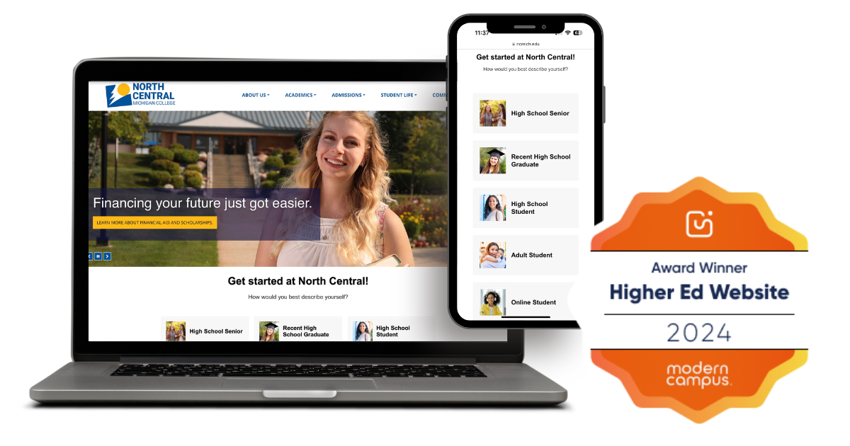 North Central Michigan College’s award-winning website displayed on a laptop and smartphone, showcasing its personalized user experience with student personas. A Modern Campus ‘Higher Ed Website Award Winner 2024’ badge highlights the recognition for outstanding digital engagement.